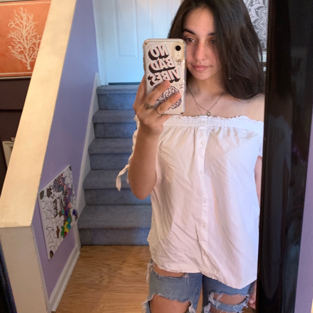 White button off the shoulder top